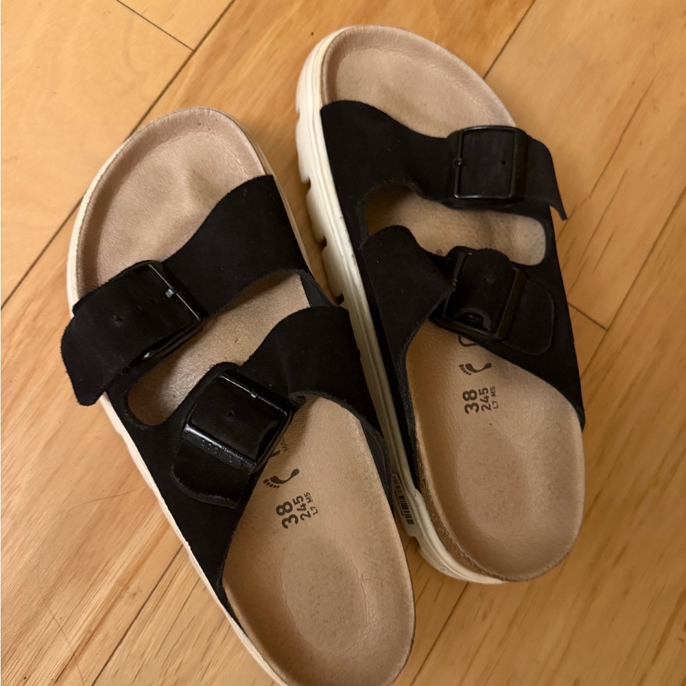 Birkenstock Black Suede Platform Papillio Arizona Sandal Size 8 US SIZE 38 EU